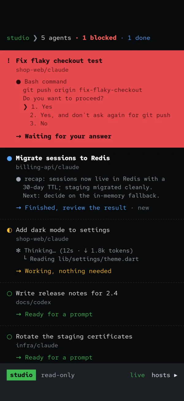 The Cowboy home screen: one agent highlighted in red is waiting for an answer, followed by finished, working and idle agents.